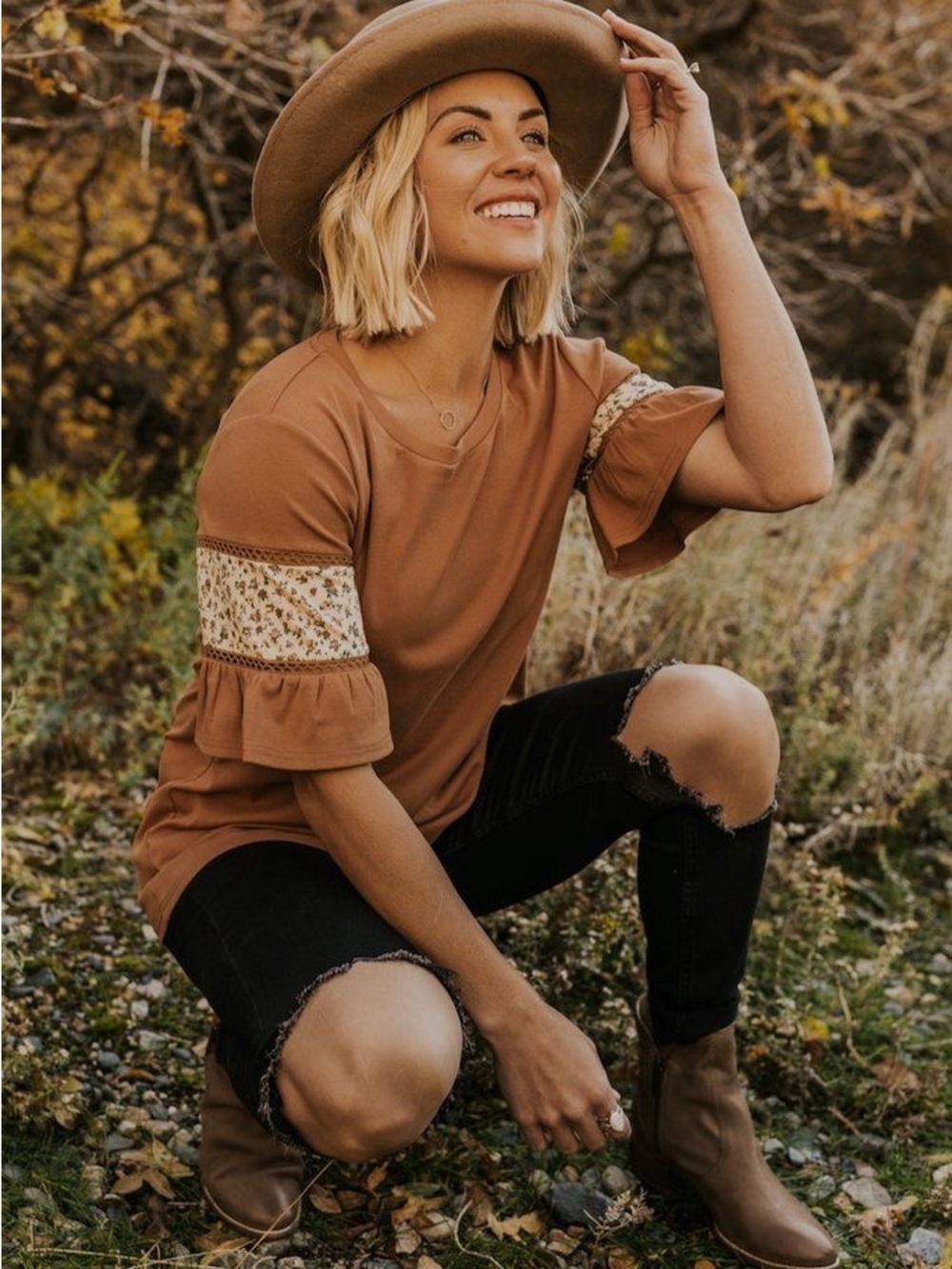 Roolee Tan Ruffle Sleeve Top with Floral Band